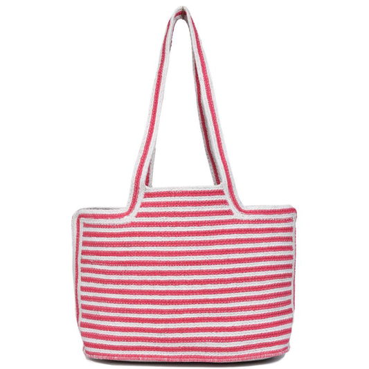 Red and White Striped Knit Jute Tote Bag