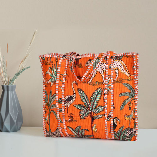 Quilted Safari Cotton Cloth Tote Bag - Bright Orange