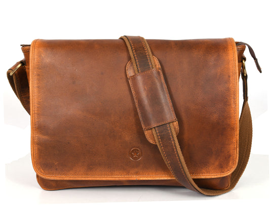 Vintage Genuine Leather Messenger Bag – Handmade Laptop Satchel Briefcase, Crossbody Shoulder Bag for Men & Women, Rustic Brown Office Work Bag